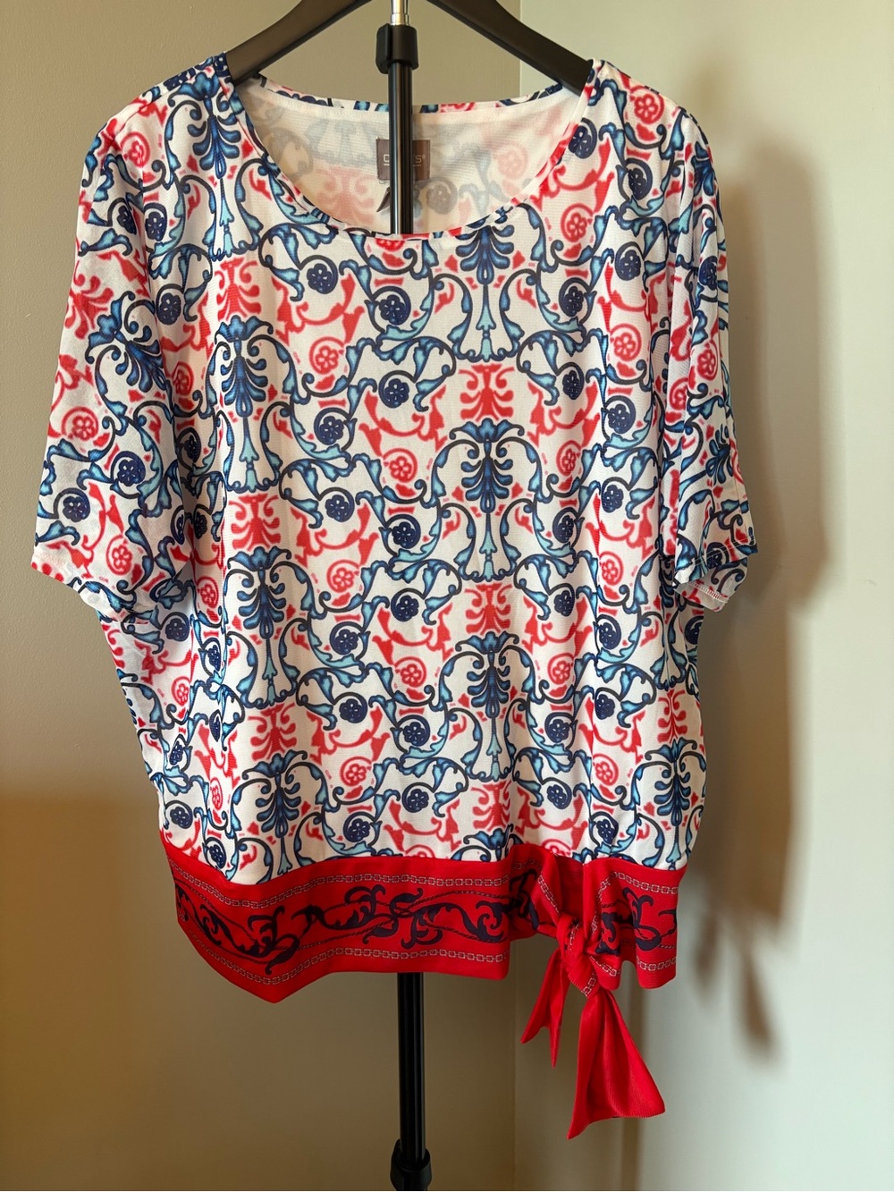 NWT Chico's Size 2 (Lg) Blouse in Red, White, Blue with Tie Front Detail